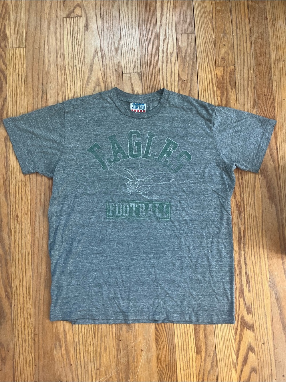 Junk Food Clothing Gray Tee with Green Eagles Football Graphic